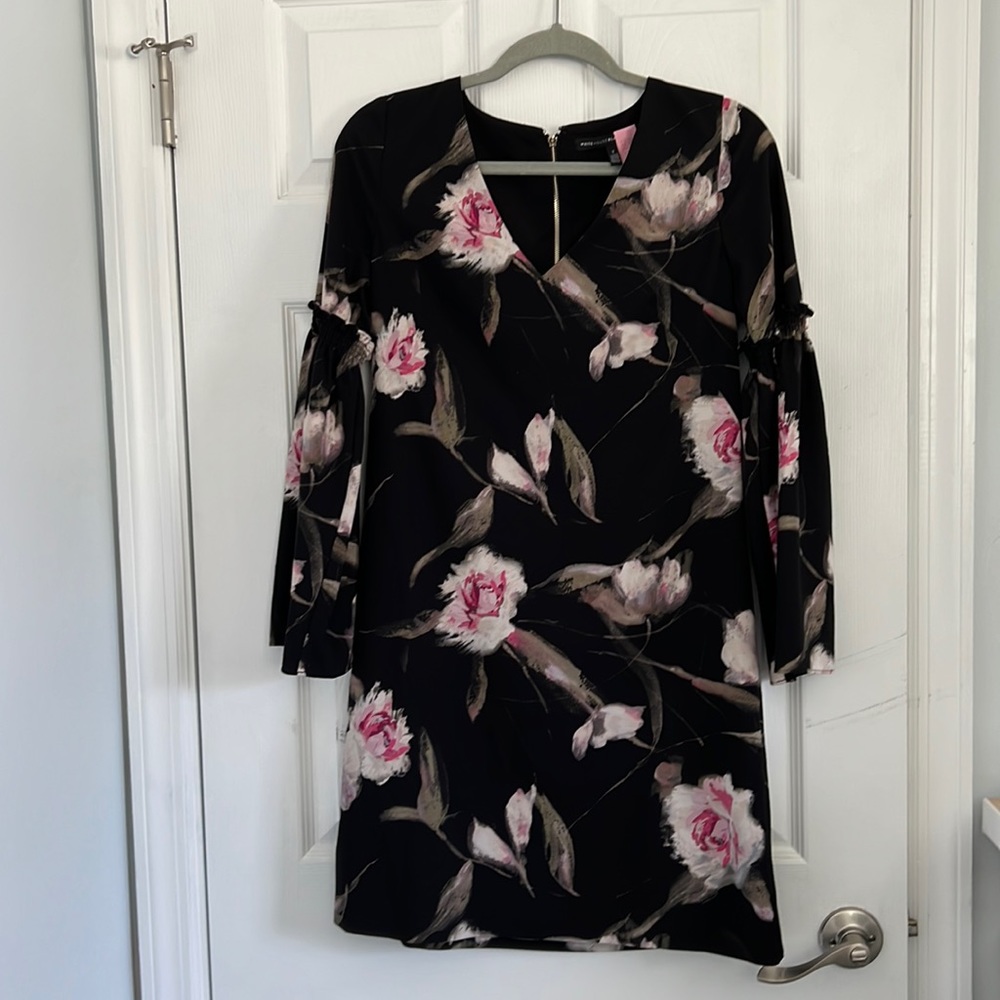 Romantic Black Floral - V-neck - bell sleeve - shift dress